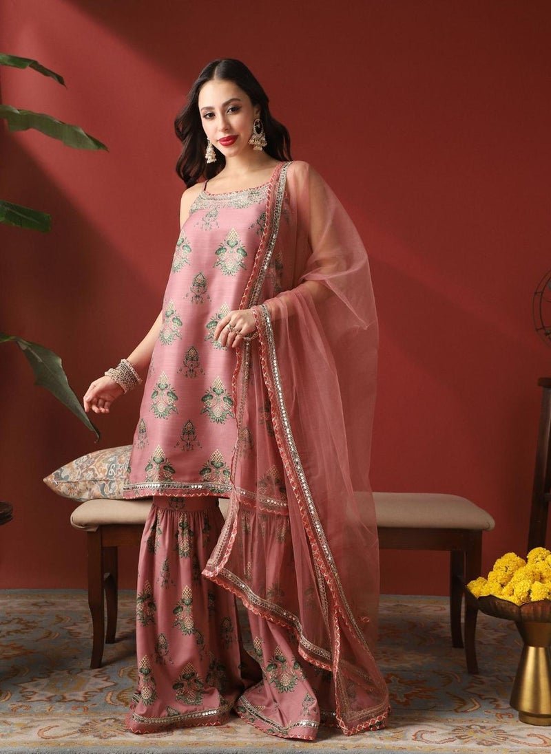 Globus Women Pink Ethnic Print Embroidered Round Neck Strappy Sleeves Kurta With Sharara & Dupatta Festive Set - Image 3